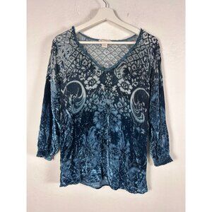 Sundance Womens Blue Velvet Burnout Blouse XS 3/4 Sleeve V-Neck Silk Blend Boho